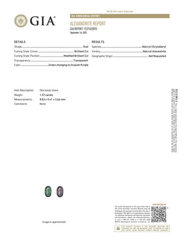 GIA certified 1.57ct natural oval alexandrite gemstone showing green to grayish purple color change